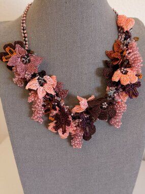 Collectable Traditional Turkish Oya Necklace Needlelace & Beads Peach & Rust